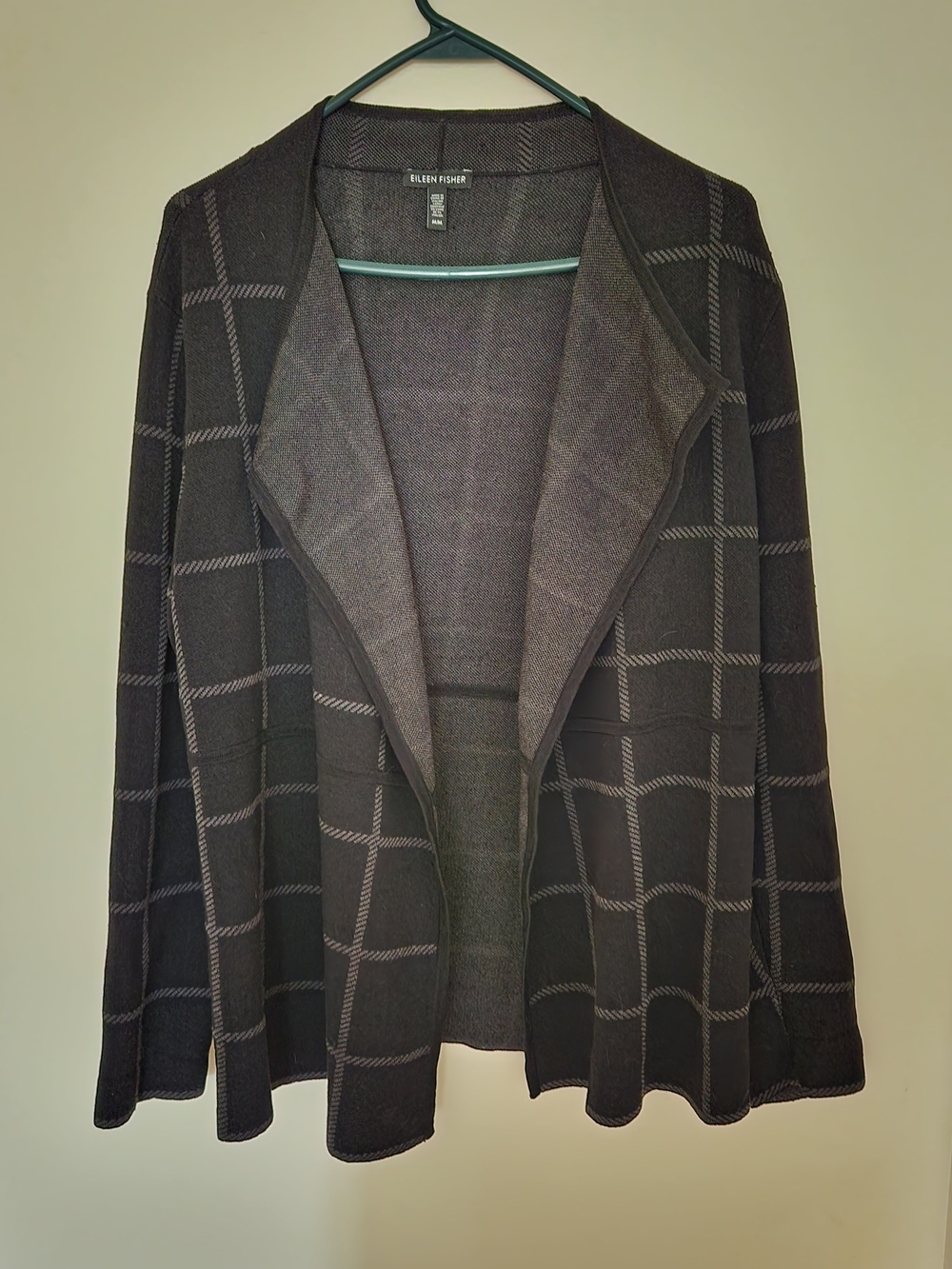 Eileen Fisher Organic Linen Windowpane Check Open Front Black Cardigan Sweater M